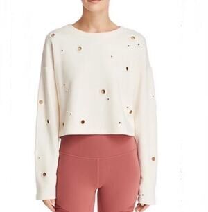 ALO Yoga Cream Candace Grommet Cropped Long Sleeves Pullover Sweatshirt Size S